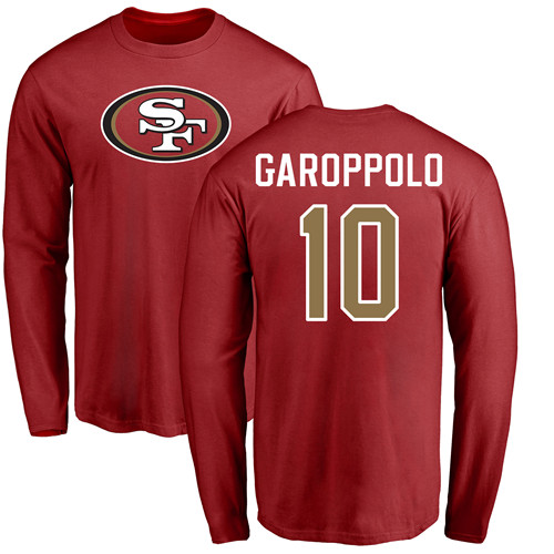 Men San Francisco 49ers Red Jimmy Garoppolo Name and Number Logo #10 Long Sleeve NFL T Shirt